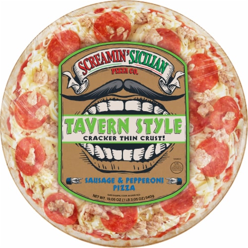 Screamin' Sicilian® Tavern Style Thin Crust Pepperoni & Sausage Frozen Pizza Perspective: front