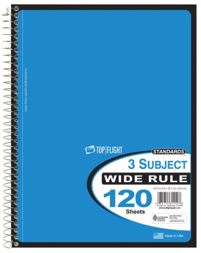 Top Flight Standards® Wide-Ruled 3-Subject Notebook - Colors May Vary- 120 Sheets Perspective: front