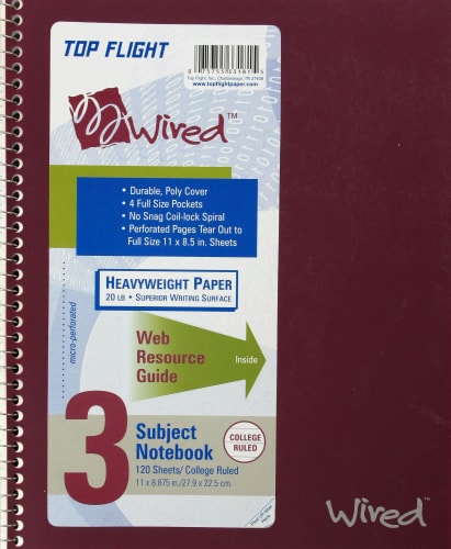 Top Flight Wired College-Ruled 3-Subject Notebook - Assorted Perspective: front