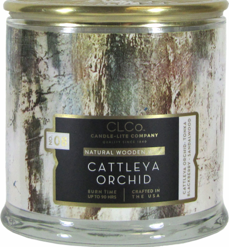 Candle-lite CLCo™ No. 08 Cattleya Orchid Natural Wooden Wick Glass Jar Candle - White Perspective: front