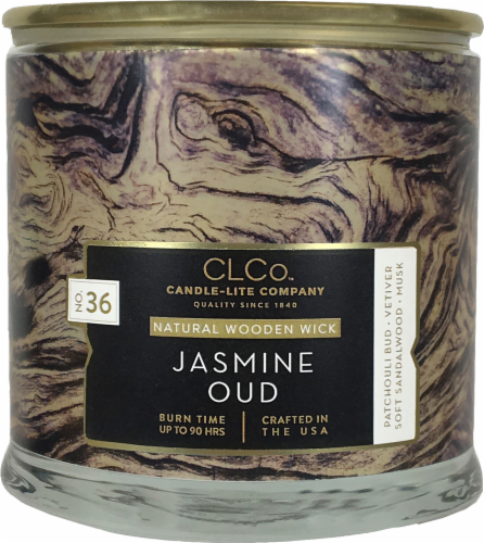 Candle-lite CLCo™ No. 36 Jasmine Oud Natural Wooden Wick Glass Jar Candle - White Perspective: front