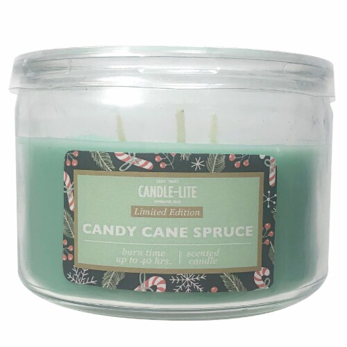 Candle-lite Limited Edition 3-Wick Scented Candle - Candy Cane Spruce Perspective: front