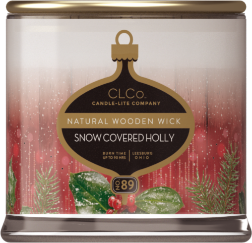 Candle-Lite™ Snow Covered Holly Natural Wooden Wick Candle Perspective: front