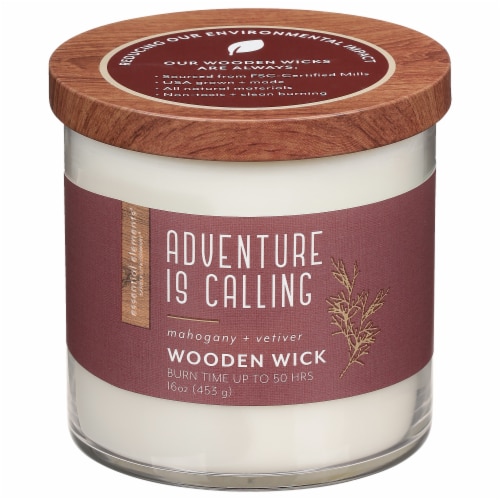 Candle-lite® Essential Elements® Wooden Wick Adventure is Calling Jar Candle - Mahogany and Vetiver Perspective: front