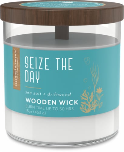 Candle-lite® Essential Elements® Wooden Wick Seize the Day Jar Candle - Sea Salt and Driftwood Perspective: front