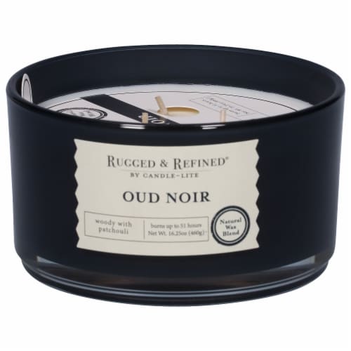 Candle-lite Rugged & Refined® Oud Noir Natural Wax Blend Candle Perspective: front
