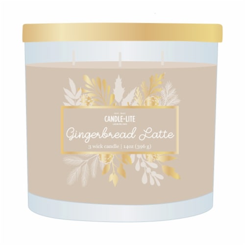 Candle-Lite Gingerbread Latte 3 Wick Jar Gold Lid Candle Perspective: front
