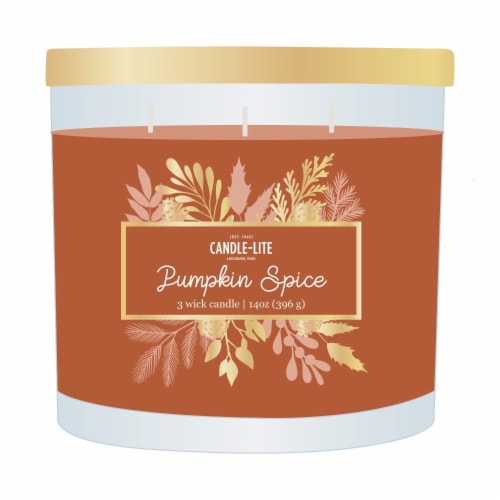 Candle-Lite Pumpkin Spice 3 Wick Jar Gold Lid Candle Perspective: front
