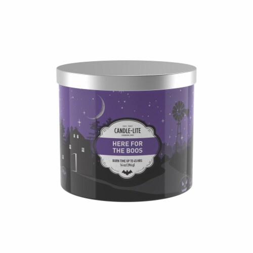Candle-lite 14 oz Here For The Boos Shrink Sleeve Halloween Jar Candle Perspective: front