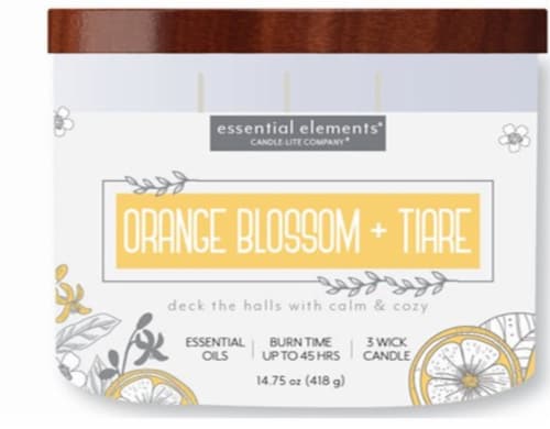Essential Elements Orange Blosson & Tiare 3 Wick Candle Perspective: front