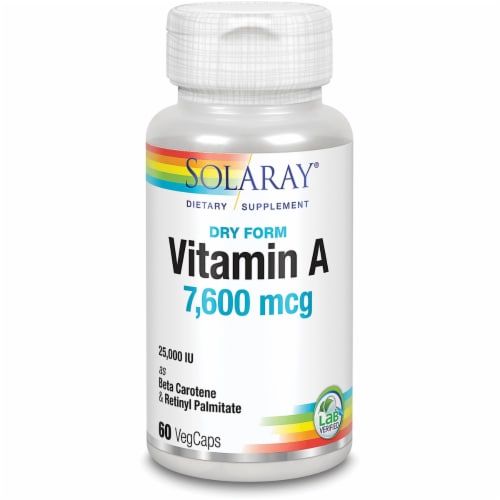 Solaray Dry Form Vitamin A 7,600 mcg 60 Veg Caps Perspective: front