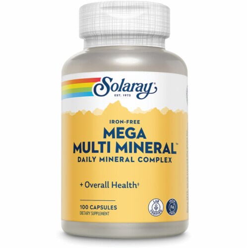 Solaray Iron Free Mega Multi Mineral 100 Caps Perspective: front