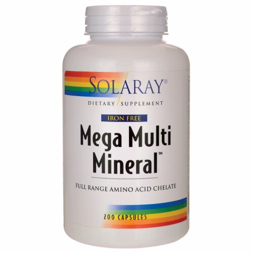 Solaray Mega Multi Mineral Iron Free 200 Caps Perspective: front