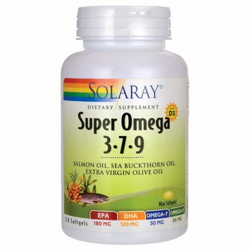 Solaray Super Omega 3-7-9 with D3 120 Sgels Perspective: front