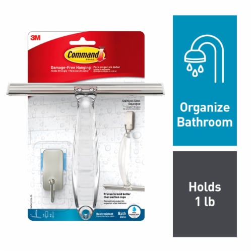 Command™ Bath Stainless Steel Squeegee and Satin Nickel Hook Perspective: front