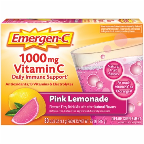 Emergen-C 1000mg Vitamin C Powder with Antioxidants B Vitamins Immune Support Pink Lemonade Perspective: front