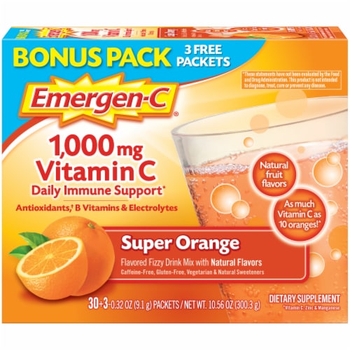 Emergen-C Vitamin C Immune Support Super Orange Flavored Fizzy Drink Mix Packets 1000mg Perspective: front