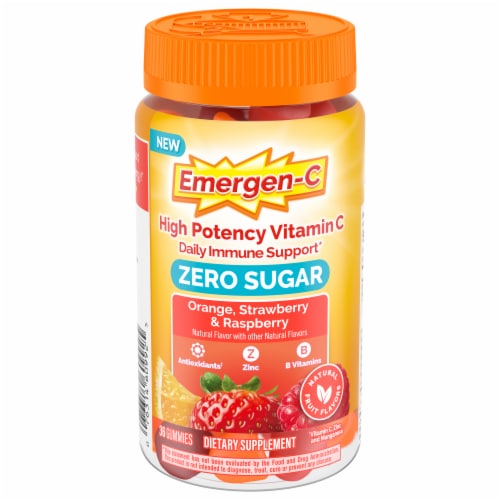 Emergen-C Zero Sugar Adult Gummies for Daily Immune Support Orange Strawberry and Raspberry Perspective: front