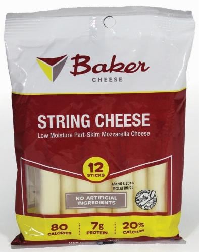 Baker Cheese Part-Skim Mozzarella String Cheese Perspective: front