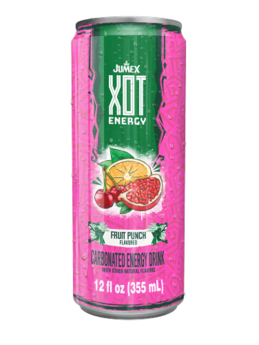 Jumex XOT Energy Fruit Punch Flavored Carbonated Energy Drink Can Perspective: front