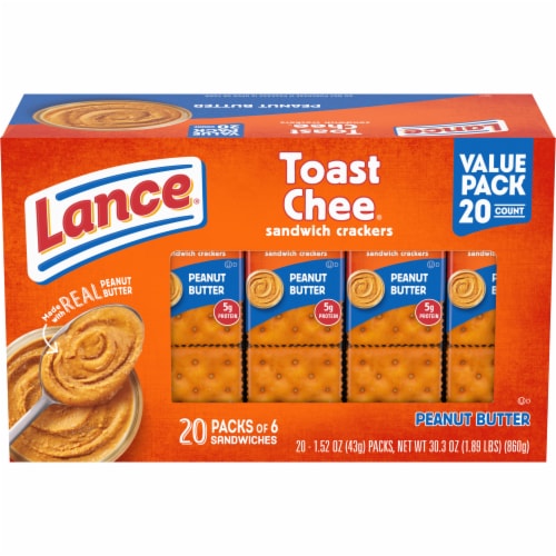 Lance Sandwich Crackers ToastChee Peanut Butter 20 Individually Wrapped Packs Perspective: front