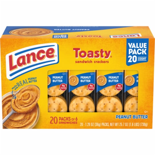 Lance Sandwich Crackers Toasty Peanut Butter 20 Individually Wrapped Packs Perspective: front