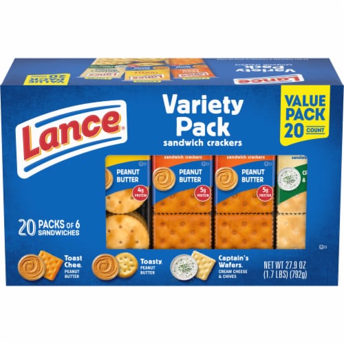 Lance Sandwich Crackers Variety Pack 3 Flavors 20 Individually Wrapped Packs Perspective: front