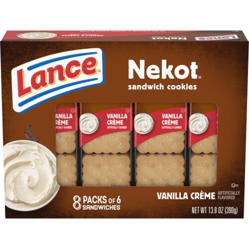 Lance Sandwich Cookies Nekot Vanilla Creme 8 Individually Wrapped Packs Perspective: front