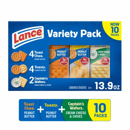 Lance Sandwich Crackers Variety Pack 3 Flavors 10 Individually Wrapped Packs Perspective: front