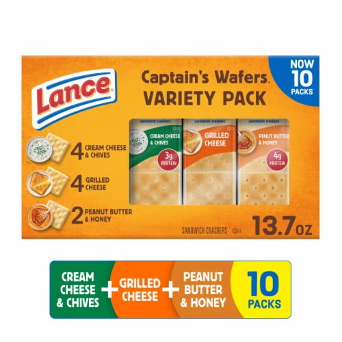 Lance Sandwich Crackers Captain's Wafers Variety Pack 10 Individual Packs Perspective: front
