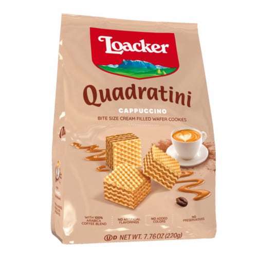 Loacker Quadratini Cappuccino Bite Sized Cream Filled Wafer Cookiers Perspective: front