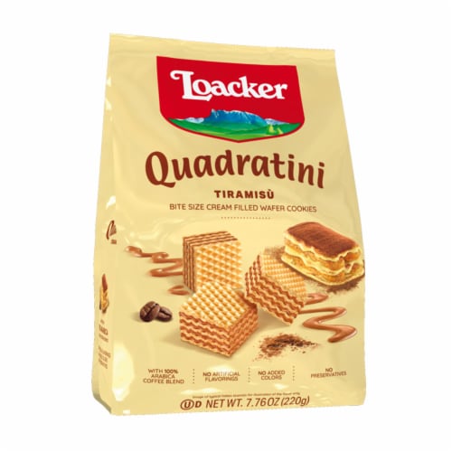 Loacker Quadratini Tiramisu Bite Sized Cream Filled Wafer Cookies Perspective: front