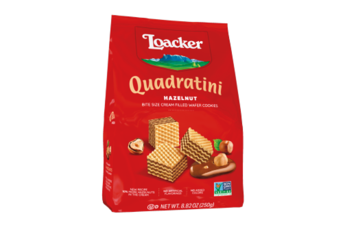 Loacker Quadratini Hazelnut Bite Sized Cream Filled Wafer Cookies Perspective: front