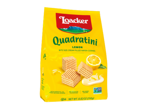 Loacker Quadratini Lemon Bite Sized Cream Filled Wafer Cookies Perspective: front