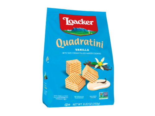 Loacker Quadratini Vanilla Bite Sized Cream Filled Wafer Cookies Perspective: front