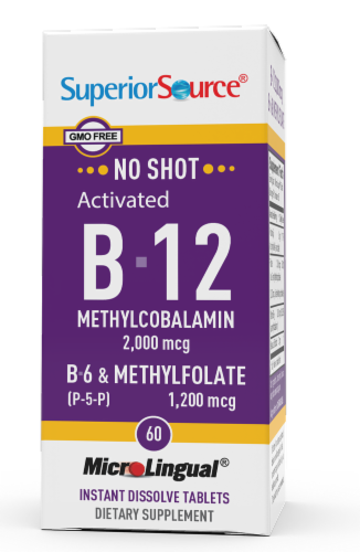 Superior Source No Shot B-12 with B-6 & Methylfolate Dissolving Tablets 2000mg Perspective: front