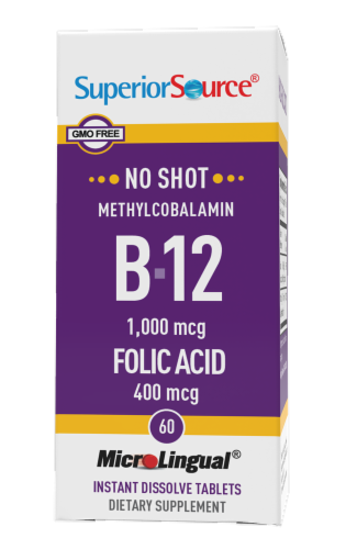Superior Source No Shot B12 with Folic Acid Dissolving Tablets 1000mcg Perspective: front