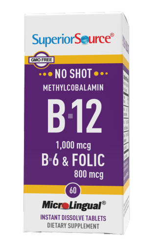 Superior Source No Shot B-12 with B6 and Folic Acid Dissolving Tablets 800mg Perspective: front