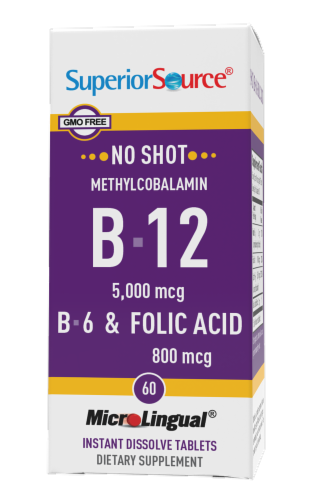 Superior Source No Shot B-12 with B-6 & Folic Acid Dissolving Tablets 5000mg Perspective: front