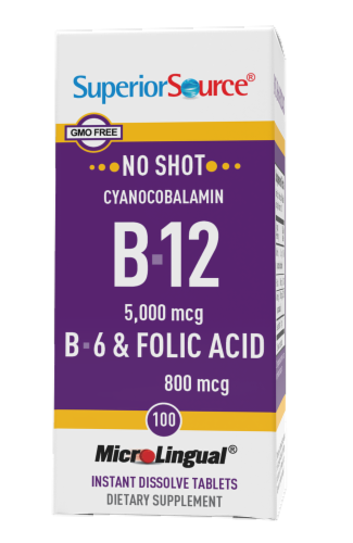 Superior Source No Shot B-12 5000mcg with B-6 & Folic Acid 800mcg Instant Dissolve Tablets Perspective: front