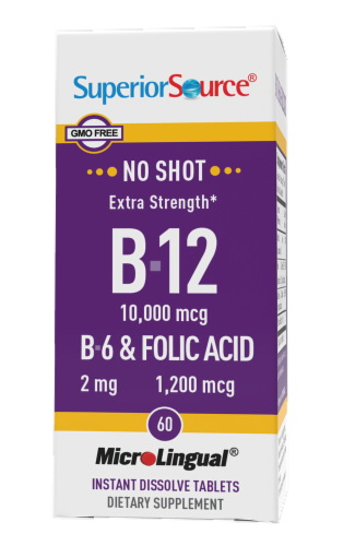 Superior Source No Shot Extra Strength B12 & B6 & Folic Acid Tablets 10000mcg / 2mg / 1200mcg Perspective: front