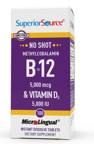 Superior Source No Shot B-12 & Vitamin D Instant Dissolvie Tablets 100 Count Perspective: front