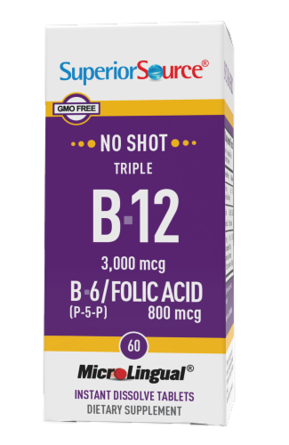 Superior Source No Shot Triple B-12 3000mcg & B6-Folic Acid 800mcg Instant Dissolve Tablets Perspective: front
