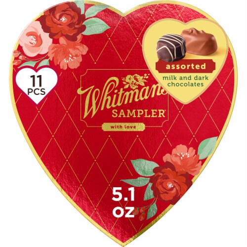 WHITMAN'S SAMPLER Valentine's Day Red Floral Heart Assorted Milk & Dark Chocolate Candy Gift Box Perspective: front
