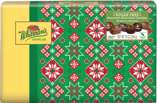 Whitman's Sugar Free Assorted Chocolate Candies with Holiday Wrapped Box Perspective: front
