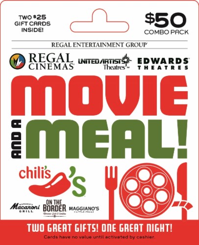 Regal & Brinker Movie and a Meal $50 Gift Card Perspective: front