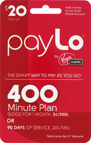Virgin Mobile PayLo $20 Gift Card Perspective: front