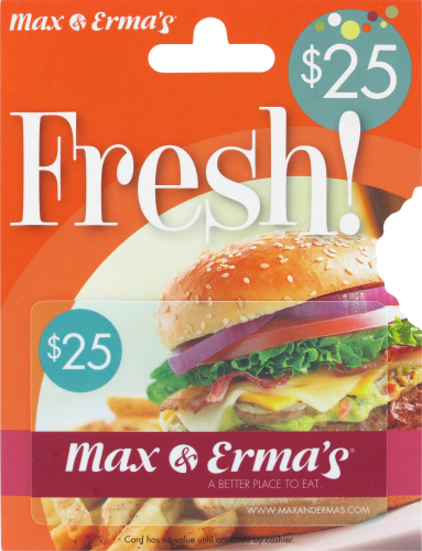 Max & Erma's $25 Gift Card Perspective: front