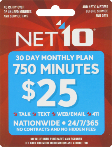Net 10 $25 Prepaid Wireless Phone Card Perspective: front