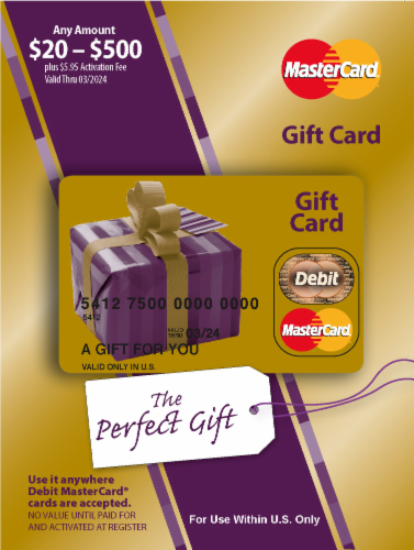 Mastercard $20-$500 Gift Card ($5.95 activation fee) Perspective: front